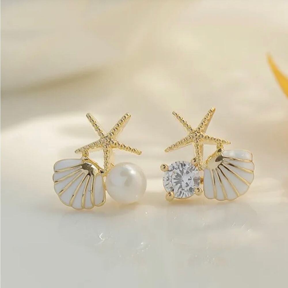 Starfish Shell Alloy Enamel Inlay Artificial Pearl Rhinestones Women's Ear Studs